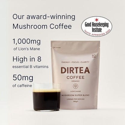 Dirtea Mushroom Coffee with Organic Lion’s Mane, Maca, Ashwagandha & Vitamin B Complex