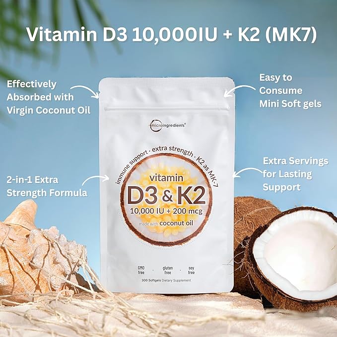 Micro Ingredients Vitamin D₃ 10,000 IU + K₂ MK‑7 200 mcg