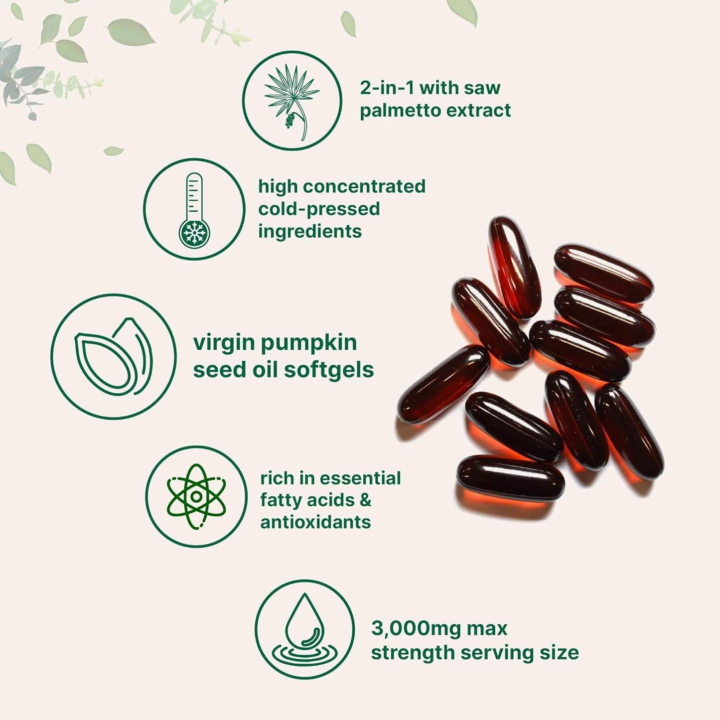 Premium Pumpkin Seed Oil with Saw Palmetto 3000mg 180 Soft Capsule Supports Hair, Urinary, Bladder & Prostate Health
