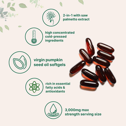 Premium Pumpkin Seed Oil with Saw Palmetto 3000mg 180 Soft Capsule Supports Hair, Urinary, Bladder & Prostate Health