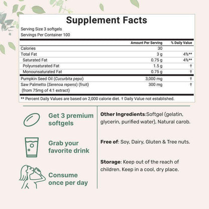 Premium Pumpkin Seed Oil with Saw Palmetto 3000mg 180 Soft Capsule Supports Hair, Urinary, Bladder & Prostate Health